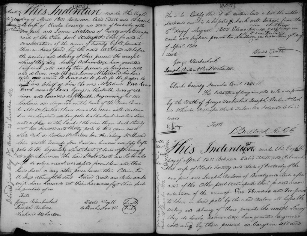 Deed from David Scott to James McLeland Clark County Kentucky 1801