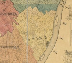 Color map of Clark County, Indiana townships with outlines of the parcels labelled with owner's names as of 1875